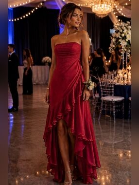 Red Strapless High-Low Prom Dress  by Rampage | Chiffon Ruffle Y2K Formal
